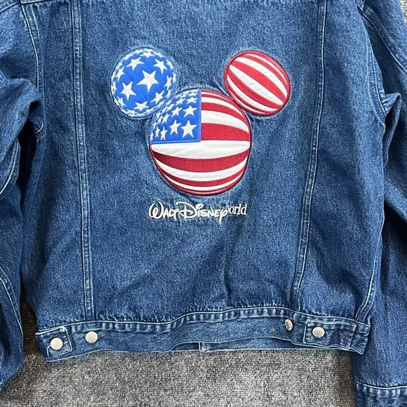 Vintage Walt Disney World Denim Jacket Mickey Mouse USA Flag Embroidered Adult M